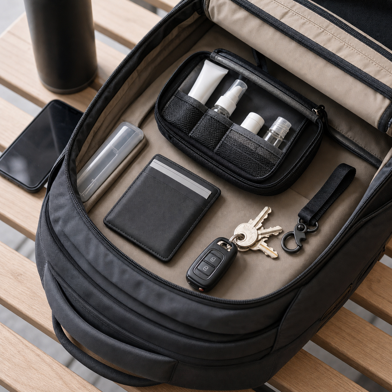 Non-branded backpack compartment organized with compact wallet and keys