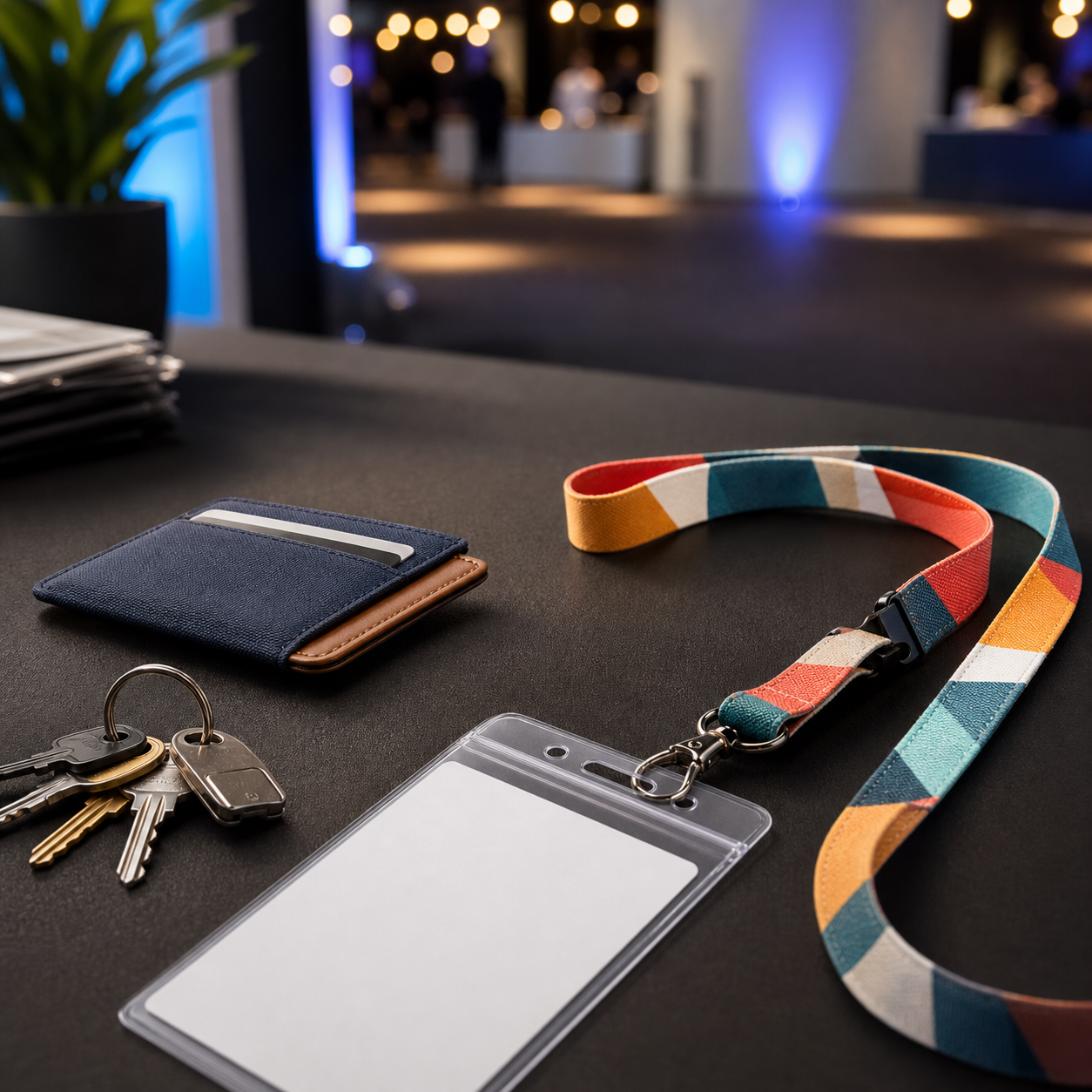 Non-branded event lanyard, badge holder, keys, and small wallet scene