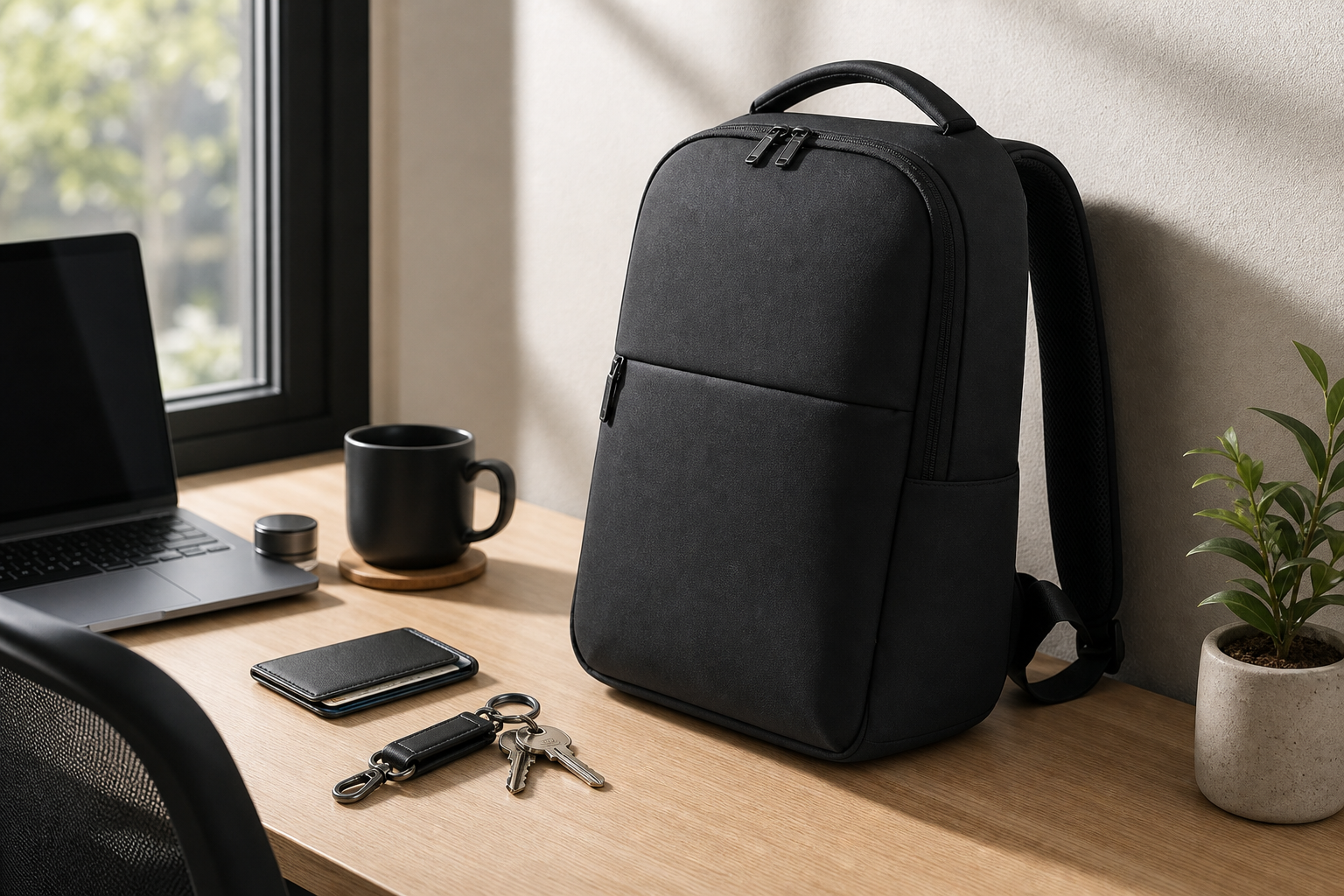 Non-branded black commuter backpack with desk carry items