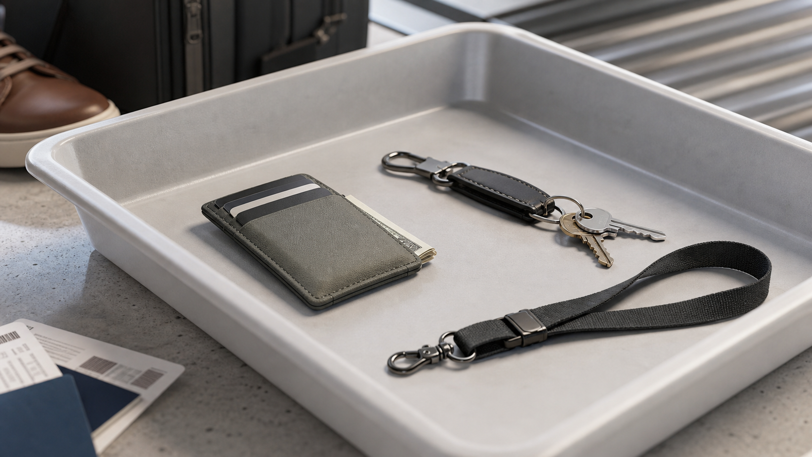 Non-branded airport tray with slim wallet, keys, lanyard, and folded cash